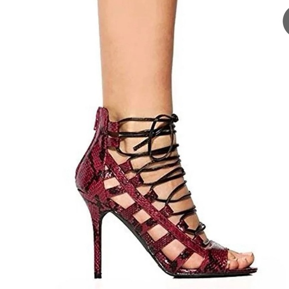 Club Couture Burgundy Animal Print Lace Up Gladiator Peep Toe Heel Size 8 - Picture 2 of 15